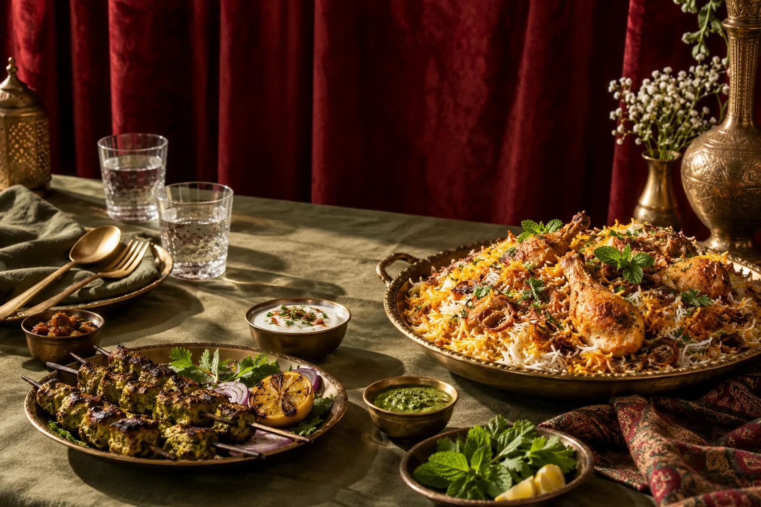 Illustrative Indo-Arabic spread with biryani, charcoal-grilled skewers and fresh herbs